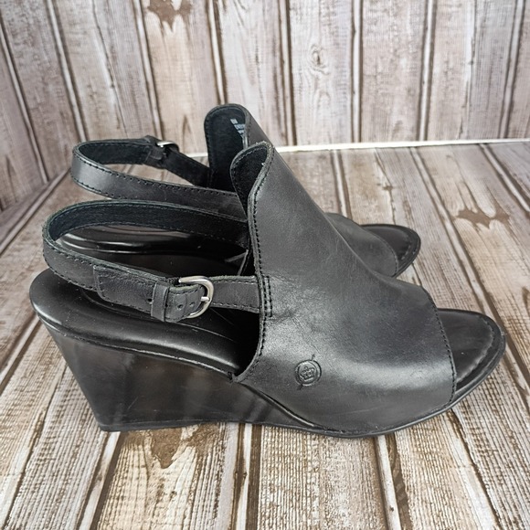 Born Black Leather Wedge Slingback Peep Toe Sandals Womens 8M D93104 - Picture 2 of 8